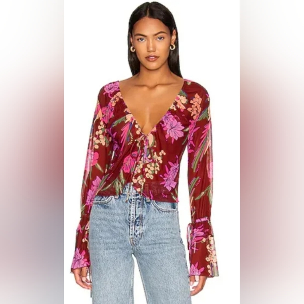 Free People Long-Sleeve Top in Burgundy and Pink